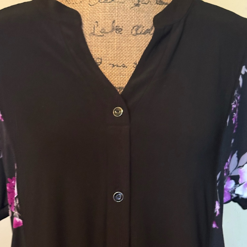 Black Floral Button-Front Womens Top with Purple Floral Accents - Picture 3 of 7